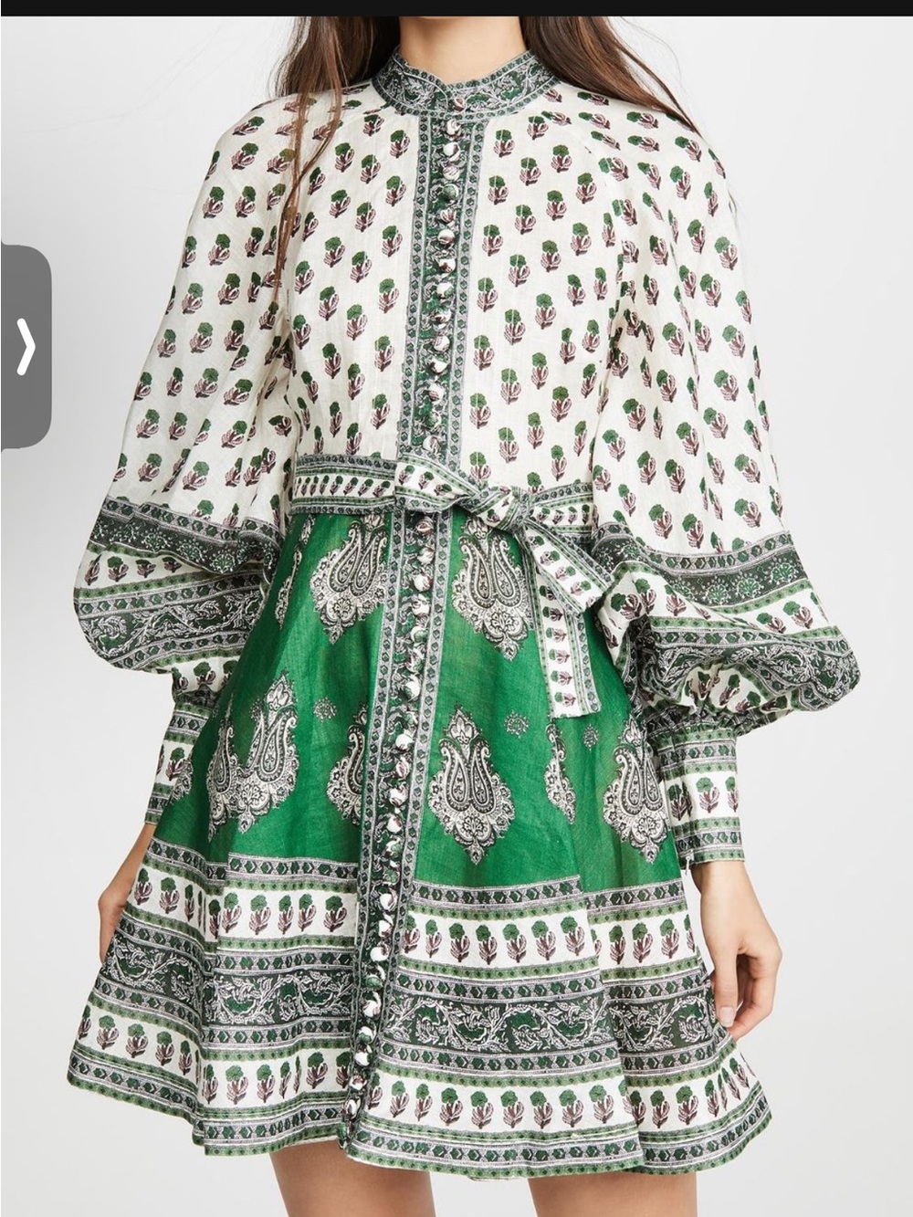 NWOT Zimmermann Green and White Printed Balloon-Sleeve Mini Dress
